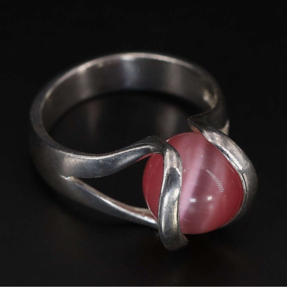 Sterling Silver Pink Cats Eye Ball Sphere Statement Ring Size 6